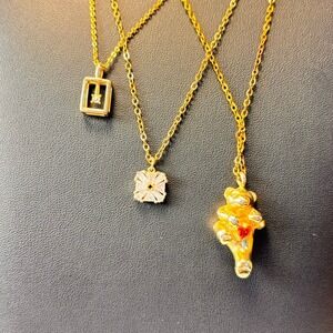 Vintage Necklace Set Gold Y2K Teddy Bear Crystal Square Pendant Lot Boho Goth